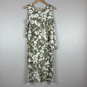 Chico's 8 Lovely Garden Olivia Midi Dress Vetiver Green White Floral Flowy‎ Boho